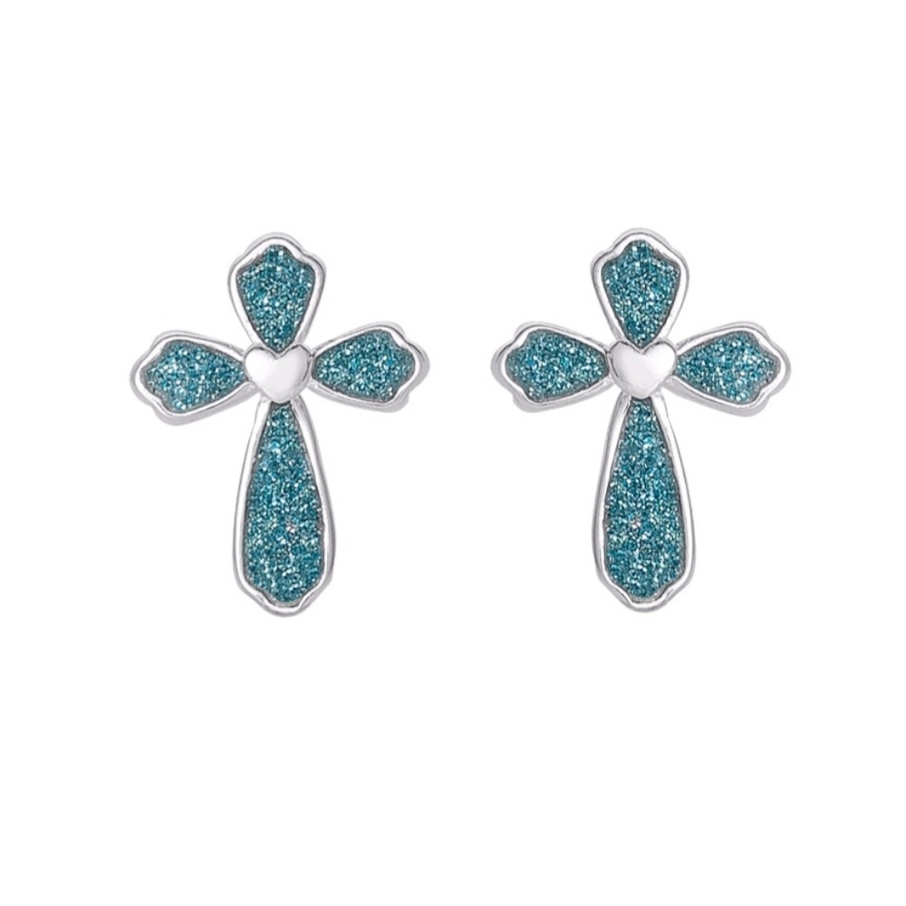 NEW Sterling Silver Blue Glitter Cross Stud Earrings